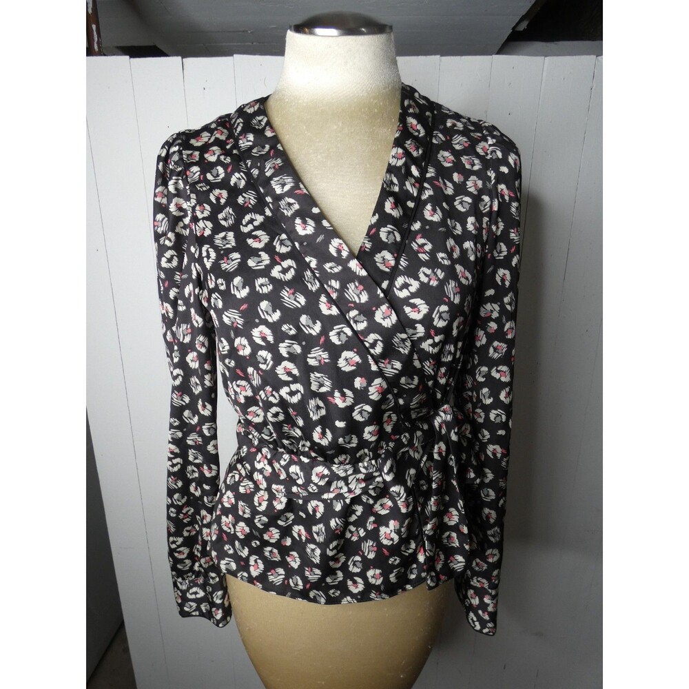 Bailey 44 Women's 4 Satin Wrap Blouse Top Long Sleeve Black Pink Leopard Print